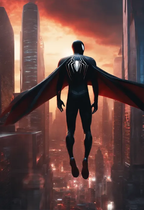 Futuristic city, flying cars, hologram advertisements, point of view, above city, futuristic Spider-Man, black spider logo, black and red suit