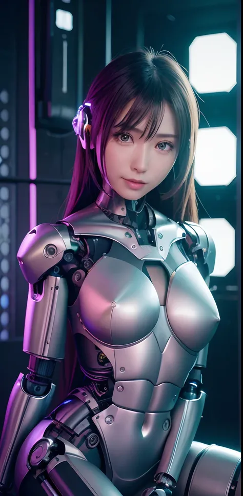 top-quality、​masterpiece、超A high resolution、(Photorealsitic:1.4)、((a beauty girl:1.6)), 1 full-body cyborg girl、sixteen years old、NOhumans、((The skin part is only the face)), Luminous Eyes、((Lots of split metal chest protectors)), Metal Robot、((The whole b...