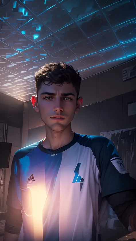 realistic face handsome and smart boy  , background RGB Road light and RGB Sky, Argentina World Cup Jersey, realistic face bright, 4k,