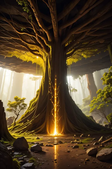 Inside the dilapidated cave is a large tree，Shines golden，An ancient tree that glows yellow，at centre，shock，big vista，The surrounding area is littered with multicolored ores