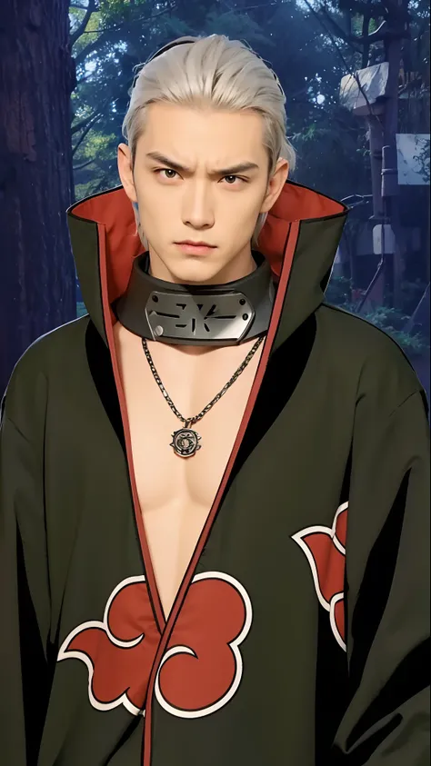 Real life adaption of this character, handsome man face, angry expression,realistic same hair, realistic same outfit with Akatsuki logo, realistic headband with iron plate on the neck, realistic necklace , hyper realistic, realistic light, realistic shadow...