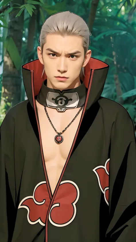 Real life adaption of this character, handsome man face, angry expression,realistic same hair, realistic same outfit with Akatsuki logo, realistic headband with iron plate on the neck, realistic necklace , hyper realistic, realistic light, realistic shadow...