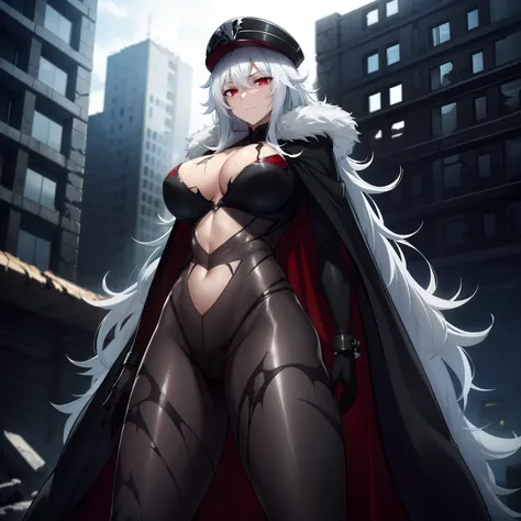 1girl,gigantic breasts,standing in ruined city,(8k),scratches,detailed face,white hair,red eyes,long hair,embarassed,small smile...