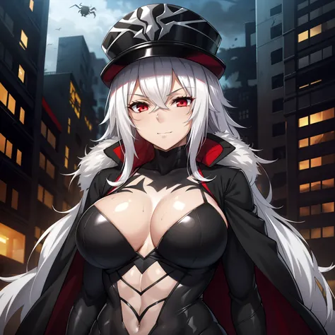 1girl,gigantic breasts,standing in ruined city,(8k),scratches,detailed face,white hair,red eyes,long hair,embarassed,small smile face,high_res, high_definition,the battlefield,Heroic pose,dark suit,military hat,black cape,(symbiote spider man Custome:1.1),