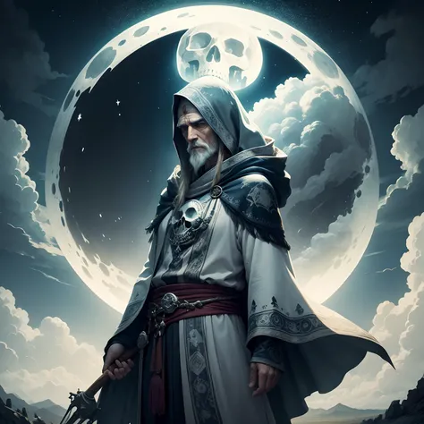 Ancient wizard, character dressed in printed tunic, large moon with a skull image cloudy landscape in the background, illustrations with Halloween symbolism