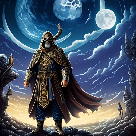 Ancient wizard, character dressed in printed tunic, large moon with a skull image cloudy landscape in the background, illustrations with Halloween symbolism