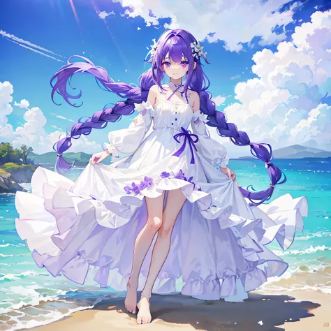 Purple colored hair，long whitr hair，Purple eyes，Twist braids，adolable，teens girl，Wear a long white dress，There are no shoes on the feet，full-body photo on the front，All body，Fingers and arms are not exposed，Background sandy beach，with blue sky and white cl...