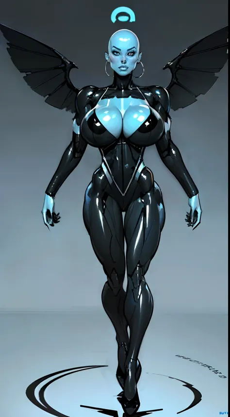 8k ((full body view:1.4)) (large eyes:1.3), defined cheekbones, 1woman, ((the pit style:1.4))((defined jawline:1.2)) ((sleek chrome bodysuit:1.6)) (detailed face:1.5), blue skin,(puffy lips:1.5) (blue skin:1.6), (bald woman:1.7), (skinhead) ((stands confid...