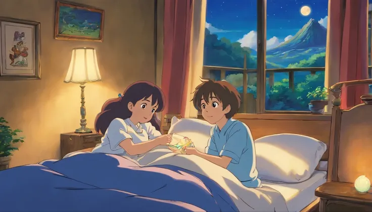 A little girl and a little boy，Lie down in bed，The full moon outside the window spilled over the room，The faces of both of them were filled with excitement，a fairy world，anime big breast，miyazakis animated film，Studio Ghibli animated films，ghibli artstyle