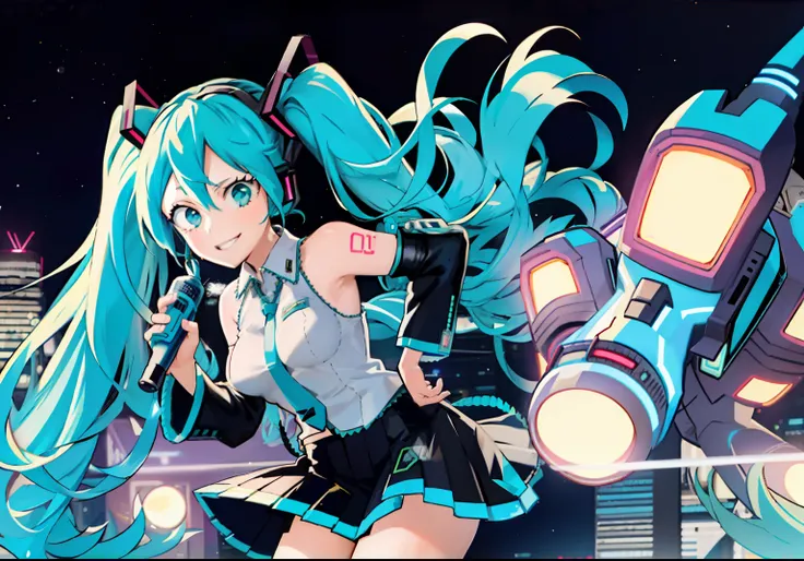 1girl,smile,cowboy shot, Wear a jacket，Big breasts Hatsune Miku，city neon light，looking at the stars