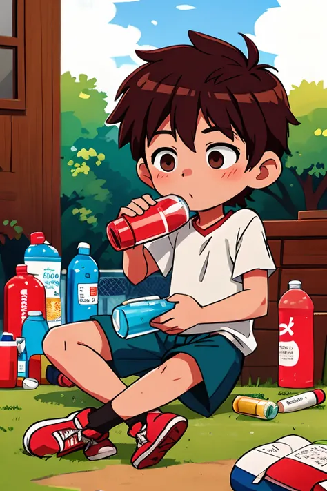 exhausted boy brown hair sitting outside drinking from a water bottle