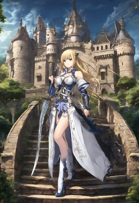 ((best quality)), ((masterpiece)), ((realistic)), anime character, Ais Wallenstein, wearing armor, thigh-high white dress underwear, blue above-knee socks, boots, sweet look, wielding a samurai sword, beautiful young woman, blonde, yellow eyes, in combat p...