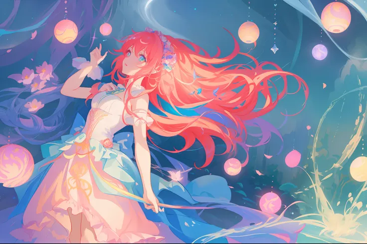 beautiful anime girl in white princess ballgown, vibrant pastel colors, (colorful), magical lights, flowing long red hair, sparkling lines of light, inspired by Glen Keane, inspired by Lois van Baarle, disney art style, by Lois van Baarle, glowing aura aro...