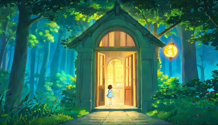 Little boys and girls crept out of the window，The moon and stars outside the window illuminate a path leading to the forest，a fairy world，anime big breast，miyazakis animated film，Studio Ghibli animated films，ghibli artstyle