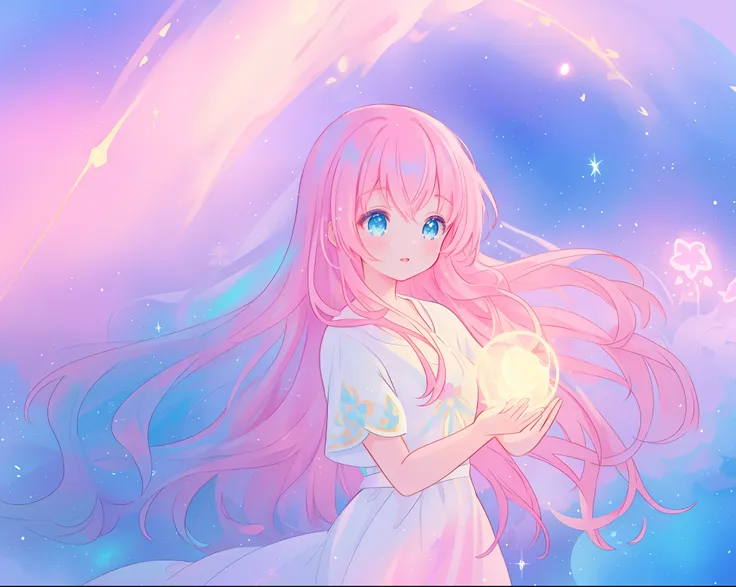 beautiful girl holding a glowing golden light, beautiful anime girl in flowing white dress, vibrant pastel colors, (colorful), pink purple blue theme, magical lights, colorful long hair made of liquid light, sparkling lines of light, inspired by Glen Keane...