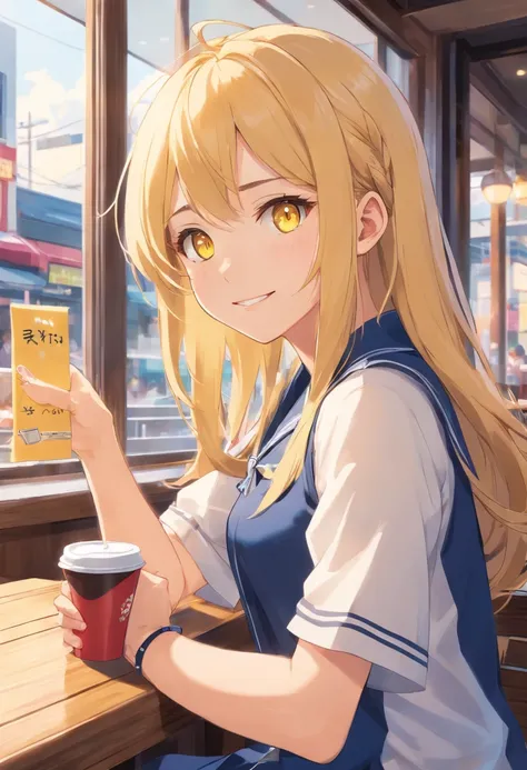 "Young girl, fair complexion, yellow eyes, long and wavy blonde hair, her body is slightly muscular, she has a friendly smile, wearing a classic Japanese high school gal outfit from an anime. She is sitting in a cafe by the window, having a coffee. Blur th...