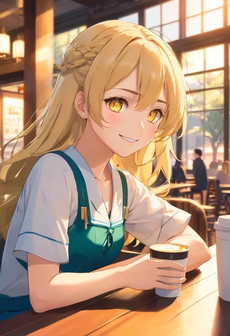 "Young girl, fair complexion, yellow eyes, long and wavy blonde hair, her body is slightly muscular, she has a friendly smile, wearing a classic Japanese high school gal outfit from an anime. She is sitting in a cafe by the window, having a coffee. Blur th...