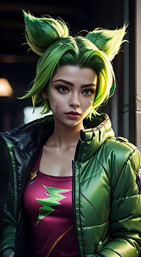 (masterpiece, ultra quality, high resolution, 8k, intricate: 1.2), (zeri, from league of legends:1.6), (wearing teal colored puffy jacket down her shoulders, low cut jacket, long sleeves jacket:1.2), (green hair, lime green hair:1.4), (full body picture, a...