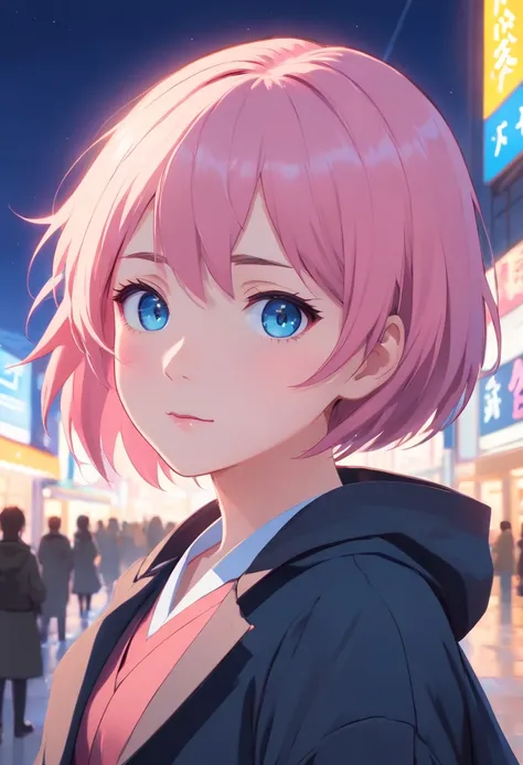 "Young girl, fair complexion, short pink hair with a high undercut style, sky-blue eyes with long eyelashes, a determined gaze. She wears a Japanese school uniform with a black hooded trench coat on top. She is enjoying a school festival."