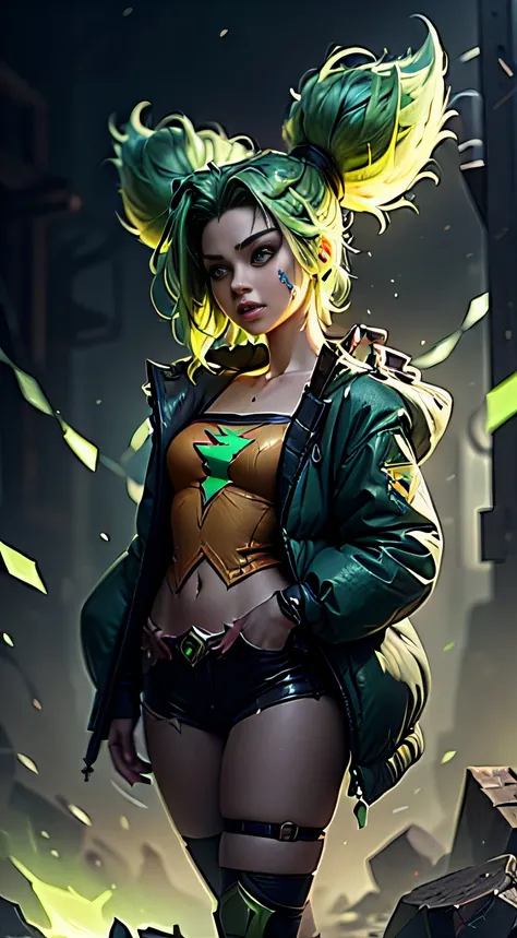 (masterpiece, ultra quality, high resolution, 8k, intricate: 1.2), (zeri, from league of legends:1.6), (wearing puffy jacket, teal color, low cut vest, down her shoulders, long sleeves:1.2), (green hair, lime green hair:1.4), (full body, anatomic:1.2), (gr...