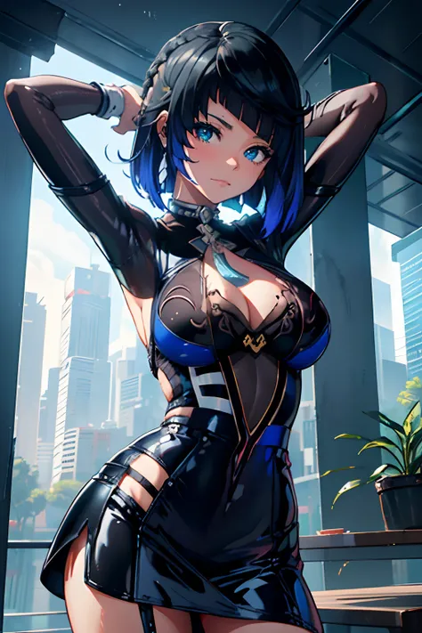 Zero Dois Darling no Franxx, 1 girl, Peito Inferior, Pequeno Preto Semi Sheer Top, seios grandes, Rosa Erguido, bites his lower lip, Camiseta Midi Folgada, Peitos Inferiores, sob os peitos, micro minissaia, pose de coelho, Pose sexy, view from below, (((Mi...