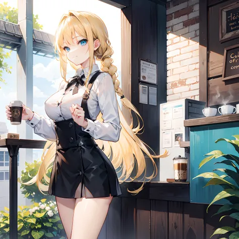 18-year-old blonde girl, Turquoise eyes, long-haired,Braid left and right. Wear a white shirt with buttons. Black miniskirt...big breastm....Have a coffee at a coffee shop....With a slightly smiling face..............