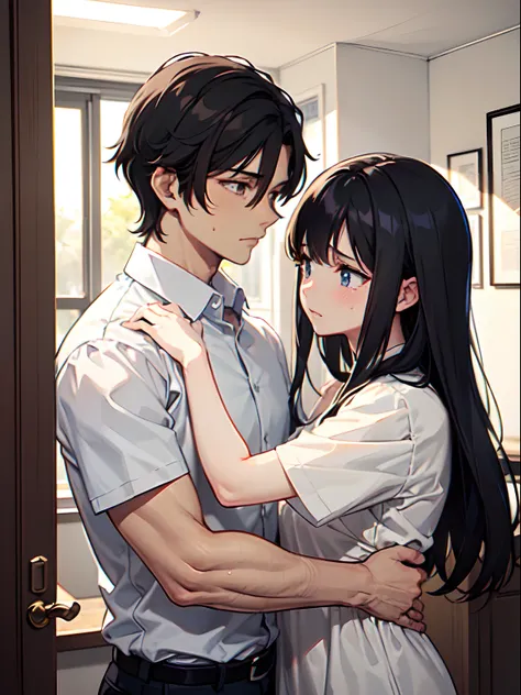 A tall 20-year-old young man with short black hair and a white shirt、Holding a 14-year-old woman with long black hair and white blouse crying in her arms, (tears 1.5) (The background is in Room 1 of the village.5) anime style 4 k, anime rendering, Anime st...