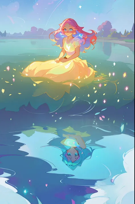 beautiful anime girl sitting by water looking at her reflection, riverbank, beautiful girl in flowing dress, girl looking at her water reflection, nature scene, vibrant pastel colors, (colorful), magical lights, flowing long hair, inspired by Glen Keane, i...