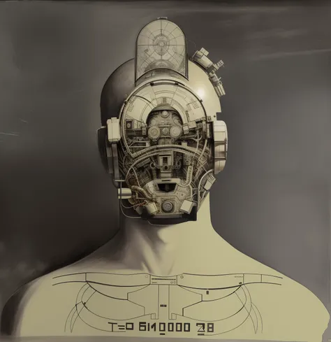 there is a drawing of a man with a helmet on, cybernetic implant h 768, raoul hausmann, the man with robot head, inspired by David Wojnarowicz, inspired by Rudolf Hausner, inspired by Hans Bellmer, inspired by Paul Wunderlich, circuitry visible in head, wi...