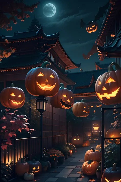 futuristic scene, Japanese-style architecture、Elegance in a sophisticated garden.. Halloween decorations in and around the Night City. The scene is a fusion of illustration and photorealism, Ultra-delicate brushstrokes and clarity, Vivid colors. Light art ...