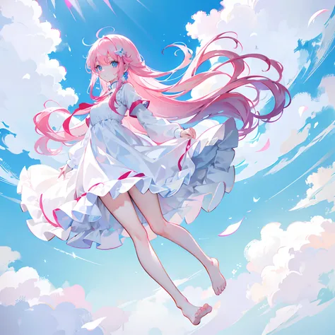 Pink hair，long whitr hair，Neat bangs，Qi bangs，skyblue eyes，，adolable，teens girl，White gorgeous and beautiful dress，No shoes on your feet，full-body photo on the front，All body，Fingers and arms are not exposed，Background suspended in the sky，on the sky ，with...