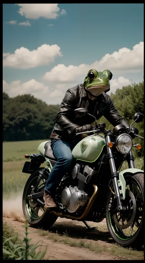 Photorealistic, 8k, cmyk+, stylish frog prince with his cafe racer, in a field of weeds, effect shows speed, speedy motorcycle,