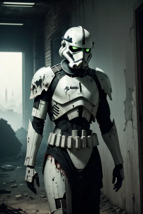 A haunting scene of a zombie Stormtrooper| decayed armor| eerie green (glowing eyes:1.2)| Staggering through a dark| abandoned Imperial base| (shadows:1.1) lurking in corners| Tattered remains of once pristine white armor| chilling atmosphere| (4k)| (8k)| ...