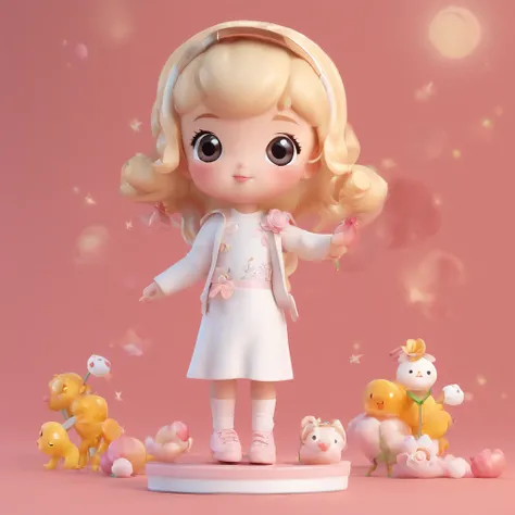 super cute girl IP by pop mart, Bright eyes, cherub,Little white dress, Clay, Models, a blind box toy, Glossy and delicate,Clean background, Good gloss, 3D rendering of,Best quality