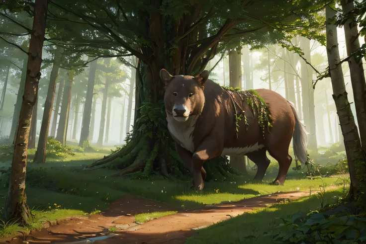 (((masterpiece))), (((best quality))), ((ultra-detailed)), (highly detailed CG illustration), Environmental detail, forest, mystical, thick trees, vines, bushes, sunshine, animals