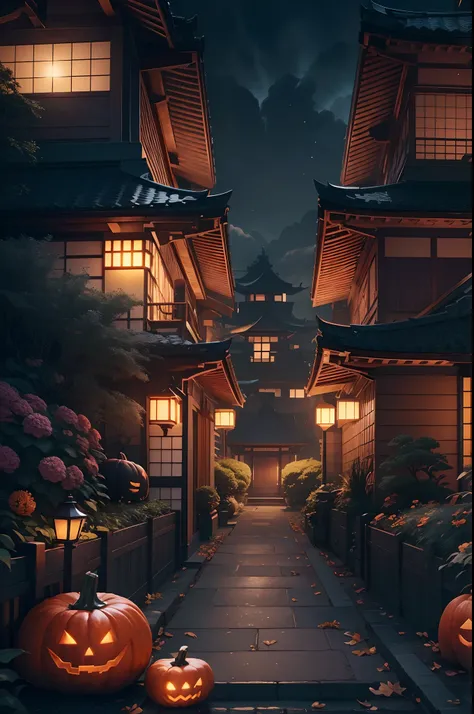 futuristic scene, Japanese-style architecture、Elegance in a sophisticated garden.. Halloween decorations in and around the Night City. The scene is a fusion of illustration and photorealism, Ultra-delicate brushstrokes and clarity, Vivid colors. Light art ...