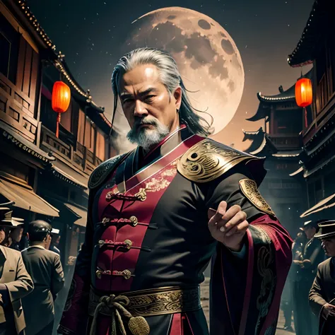 the night，Middle-aged man in Chinese clothing，The expression is fierce，Detailed facial details，Decisive hand movements，Magic halo light，Light of the spell，shadow magic，In the background is a dilapidated Chinese courtyard，There were explosions everywhere，火焰...