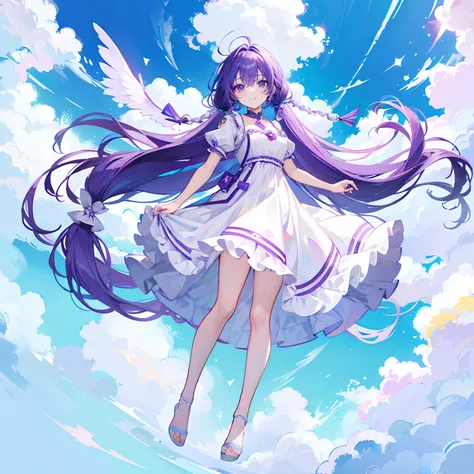 Purple colored hair，long whitr hair，Purple eyes，Twist braids，adolable，teens girl，White gorgeous beautiful dress，There are no shoes on the feet，full-body photo on the front，All body，Fingers and arms are not exposed，The background is suspended in the sky，on ...