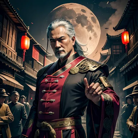 the night，Middle-aged man in Chinese clothing，The expression is fierce，Detailed facial details，Decisive hand movements，Magic halo light，Light of the spell，shadow magic，In the background is a dilapidated Chinese courtyard，There were explosions everywhere，火焰...