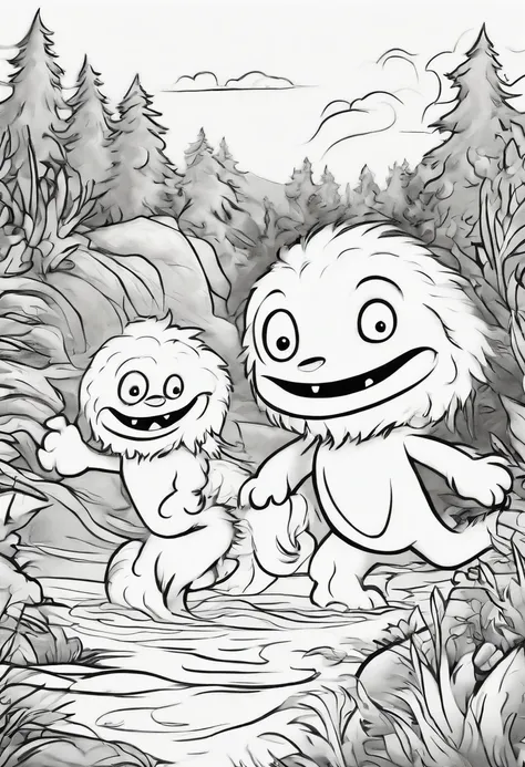 two small, fuzzy monsters, jumping and running along a stream, coloring book, (((Black & White))), White background, dynamic angles, interacting with other little fuzzy monsters, crisp black and white outline drawing, capturing his energetic movements and ...