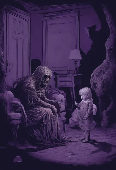 A frightened mom and her baby with a lolita outfit, on knees, tenant un ours en peluche, in the middle of a dark purple room, Demons catching him, Shadow Monsters, childhood trauma, cauchemar