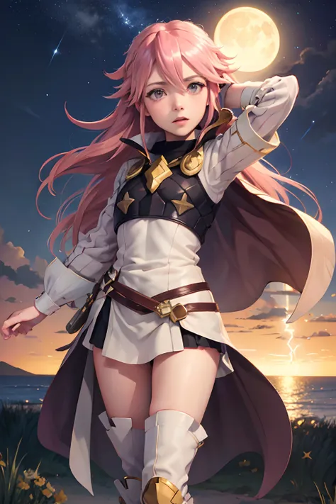 (soleil from fire emblem) (fierce expression) (full body) (heroine pose) (high quality) (night background) (a moon and stars in ...