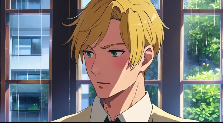 Masterpiece, Best Quality, 1Boy, Blonde hair, green eyes, rain, white shirt necktie, blush, school, windows,