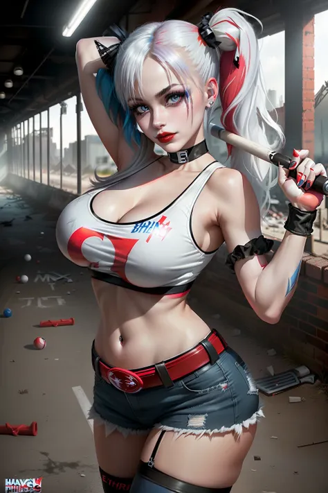 ((Harley quinn from batman comic series)) (beautiful face)(glowing eyes)(red lips) ((long twin tails hairstyle with side bangs)) (very pale skin) ((very huge breasts) (perfect slim body) (wears white ripped tank top, low cut short pants)) (gloves, belt, ch...