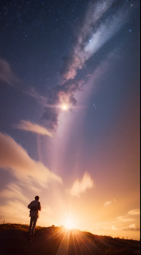 The lens flare photo is real, Magical cloudy background, Amazing wallpapers, Cosmos Sky, amazing background, Glowing clouds, Lens flare. occult photorealism, Anime Sky,Cinematic style, Color lens flares, Magnificent background, Wallpaper flare, Amazing sky...