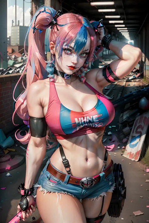 ((Harley quinn from batman comic series)) (beautiful face)(glowing eyes)(red lips) ((very long blue and pink twin tails hairstyle with side bangs)) (very pale skin) (((very huge breasts))) (perfect slim body) (wears white ripped tank top), (low cut blue an...