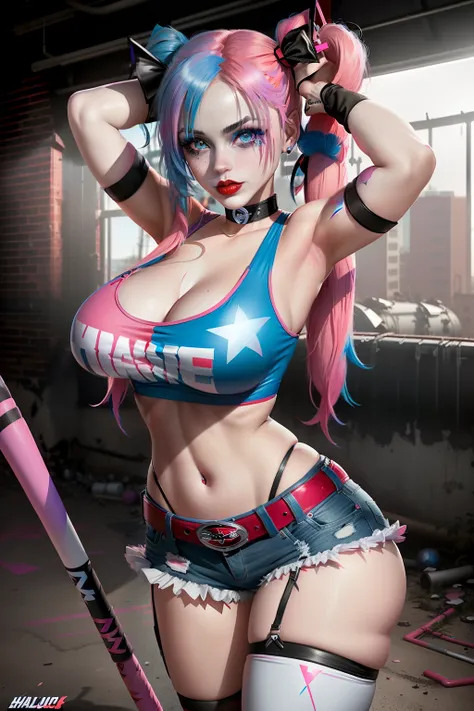 ((Harley quinn from batman comic series)) (beautiful face)(glowing eyes)(red lips) ((very long blue and pink twin tails hairstyle with side bangs)) (very pale skin) (((very huge breasts))) (perfect slim body) (wears white ripped tank top), (low cut blue an...