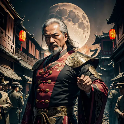 the night，Middle-aged man in Chinese clothing，The expression is fierce，Detailed facial details，Decisive hand movements，Magic halo light，Light of the spell，shadow magic，In the background is a dilapidated Chinese courtyard，There were explosions everywhere，火焰...