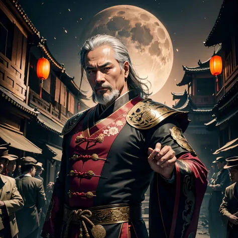 the night，Middle-aged man in Chinese clothing，The expression is fierce，Detailed facial details，Hand movements，Magical light，Flowing，Light of the spell，shadow magic，In the background is a dilapidated Chinese courtyard，There were explosions everywhere，火焰，A g...