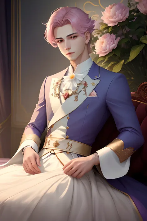 homem de cabelos rosa em um terno e gravata deitado em uma cama de flores, Prince         
 Andrógin Bonito, delicate androgynous prince, inspirado em Yanjun Cheng, 🌺 CG Setnação,    Nice anime pose, cara bonito na arte demon slayer, Arte no estilo Guweiz,...